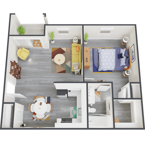 Floor plan for 1 bed, 1 bath, 675 sqft
